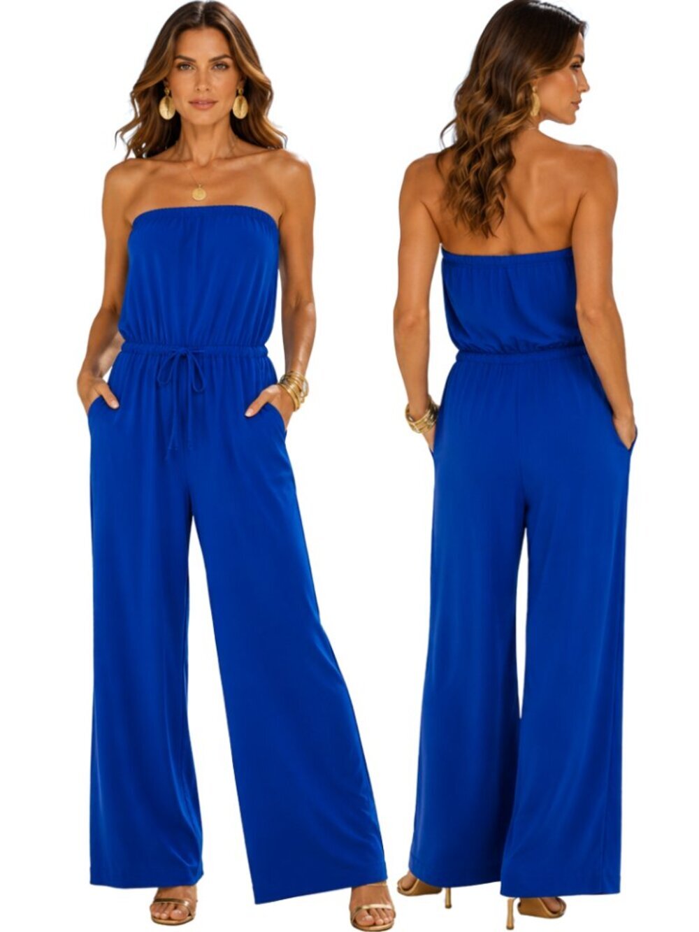 Boston Proper Strapless Wide Leg Jumpsuit Women's XL Blue Resort Wear Fun NWT